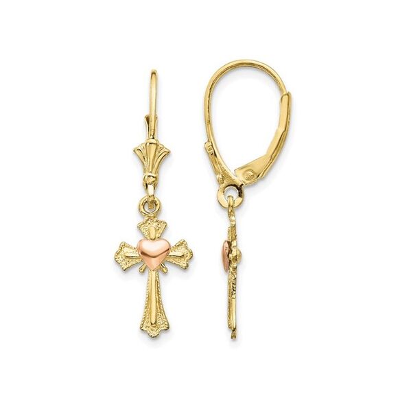 10K Polished Yellow Gold Heart and Cross Earrings
